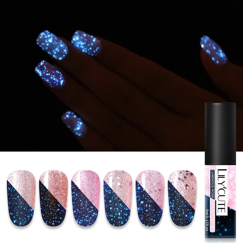 

LILYCUTE 5ml Luminous Soak Off Gel Polish Rose Gold Glitter UV Gel Nail Art Gel Varnish Nail Art Decoration