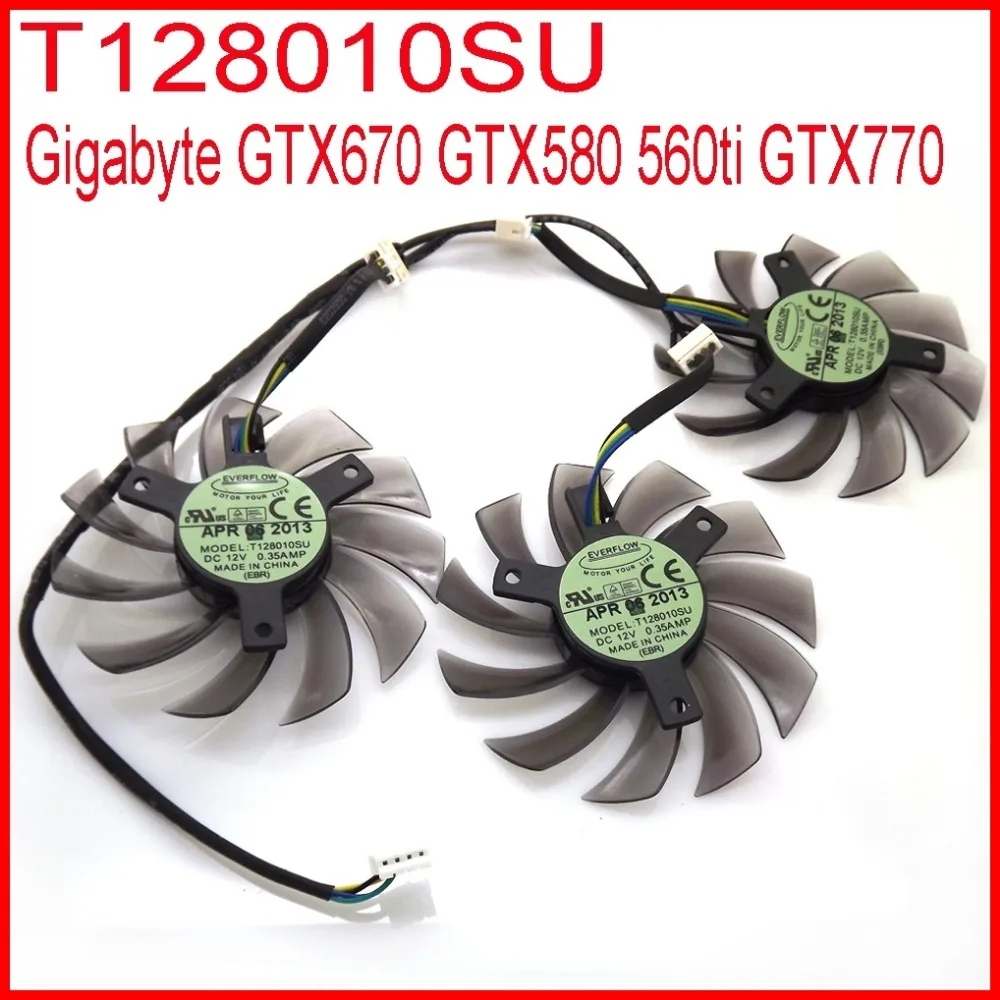 3pcs/lot T128010SU 75mm 4Pin 40mm VGA Video Card Fan For Gigabyte