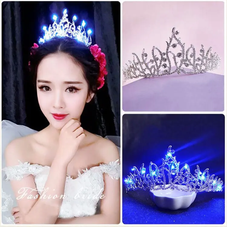 

HG093L Blue/White/Purple Glowing Princess Crown Bride Birthday Headdress Rhinestone Crown Also Suit for Children