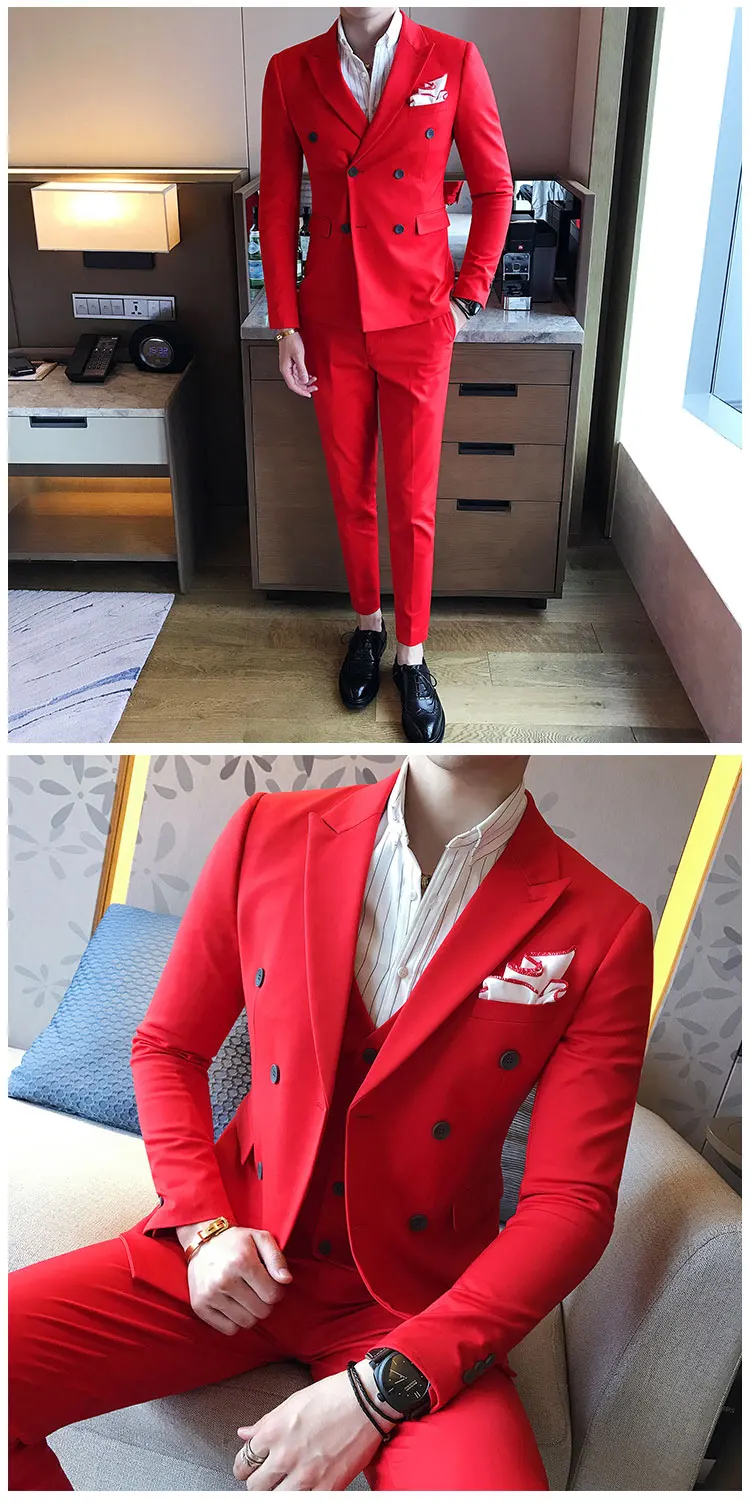 Plyesxale двубортный костюм мужской красный светильник серый 3 предмета свадебные костюмы для мужчин Slim Fit мужской деловой костюм высокое качество Q175