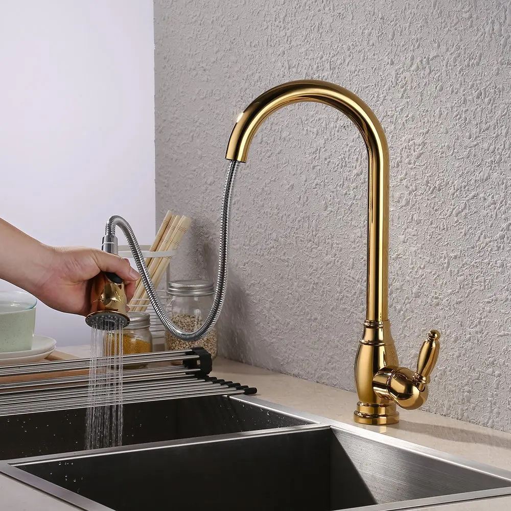 Us 149 36 42 Off Luxury Titanium Gold Solid Brass Kitchen Faucet Single Hole Bar Sink Water Mixer Tap With Pull Down Sprayer In Kitchen Faucets From