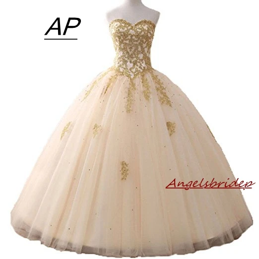 

Angelsbridep Gold Appliques Ball Gown Quinceanera Dress 2019 Sparkle Crystal Tulle Floor-length Sweet 16 Dress Debutante Gowns
