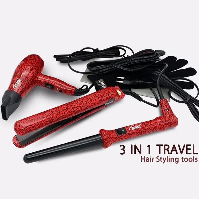 FMK Pro Hair Straightener+Hair Dryer+Hair Curling Iron 3 In 1 Set Flat Irons Wand Curler