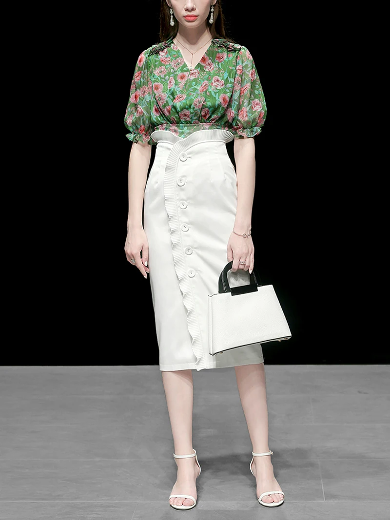 Элегантные модные женские комплекты с цветочным принтом, шифоновая блузка с коротким рукавом и оборками, топ с высокой талией, белые однобортные юбки Z1908