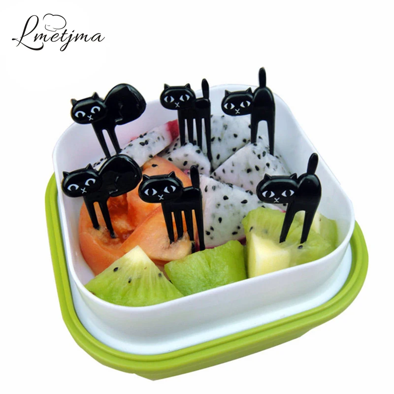 

LMETJMA 6pcs/set Black Cat Fruit Fork Set Party Birthday Food Fruit Fork Animal Fruit Toothpick Bento Lunch For Children D0004