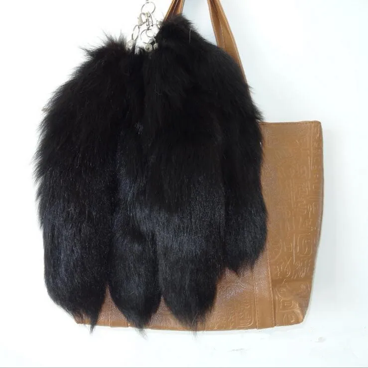 fluffy Black color Natural Real Fox Fur Tail Key chain Pendant key ring cute women men Cute Fox Tail bag charm A79