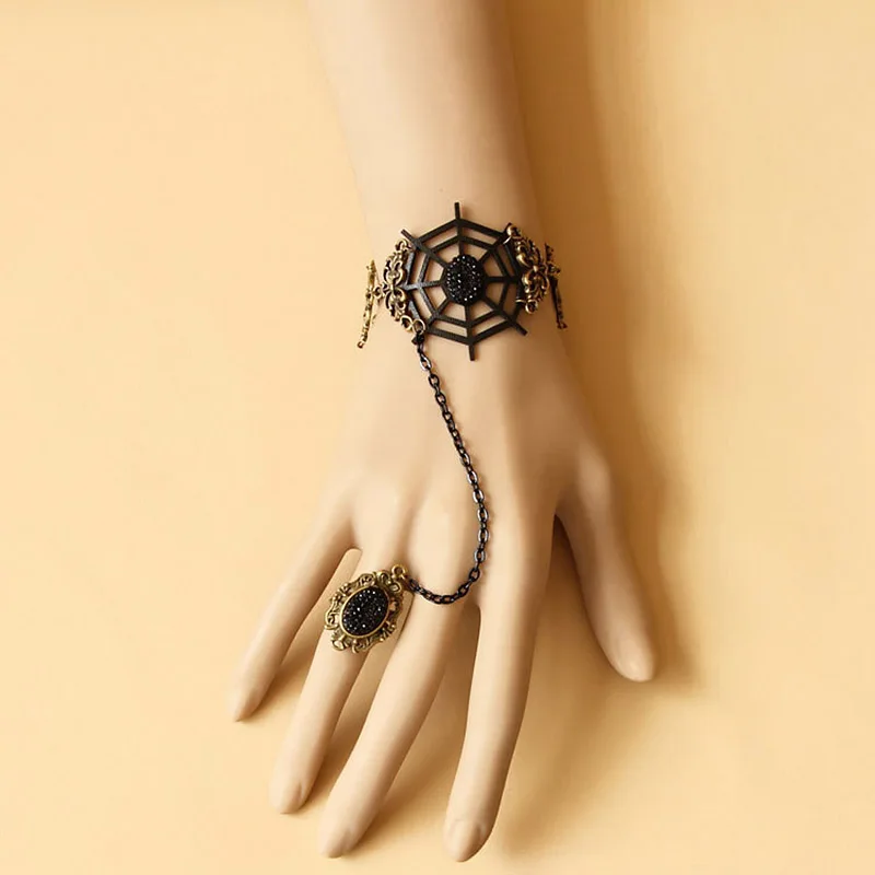 

Womens Punk Gothic Handmade Stone PU Leather Cutout Spider Web Floral Bracelet Adjustable Ring Slave Set Wristbands Accessories