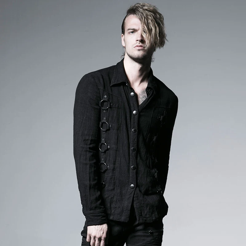 

Punk Crude Grain Shirt with Iron Hoop for Men Spring Summer Long Sleeve Casual Shirt Male Loose Version Shirts