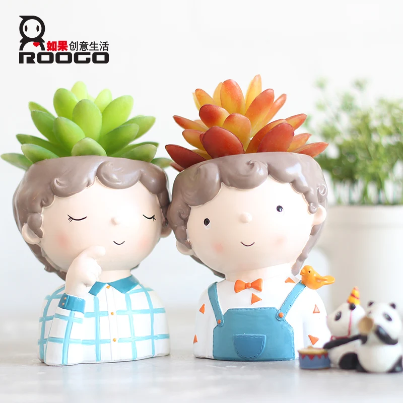 

roogo lovely boy head flower pot cute bonsai planter vase for succulent plant garden decoration desktop ornament