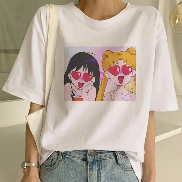 Сейлор Мун летняя новая модная футболка Женская Harajuku с коротким рукавом забавная футболка Ulzzang Милая футболка с котом Мультяшные футболки женские - Цвет: 20