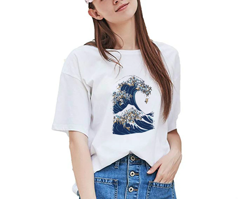 

Vogue The Great Wave of Pug T Shirt Luxury White T-shirts Women 100% Cotton Summer Casual Tops Girl Harajuku Tees Shirt