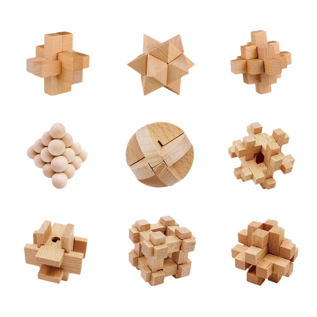 

9Pcs Beech Kong Ming Lock Puzzle Luban Lock Set Children Development and Education Toy