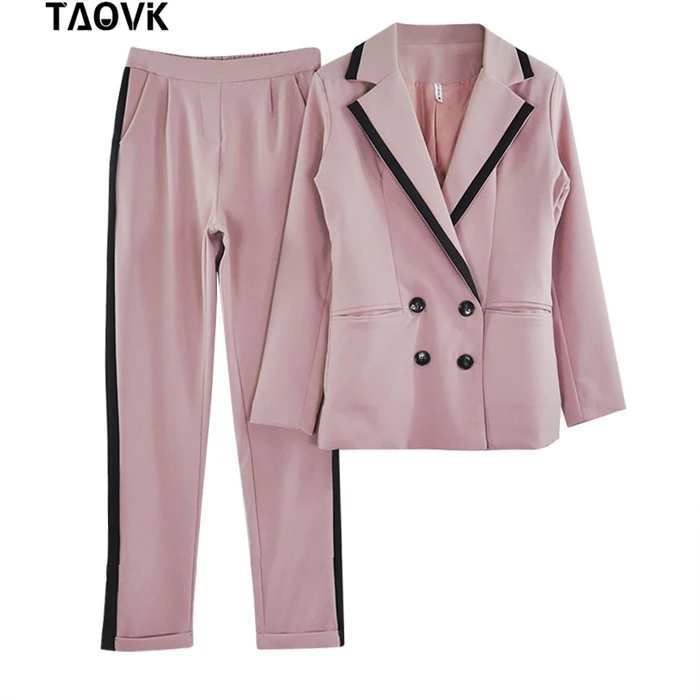 TAOVK рабочие брючные костюмы OL комплект из 2 предметов для Женщин Colorblock воротник двубортный блейзер и прямые брюки офисный женский костюм
