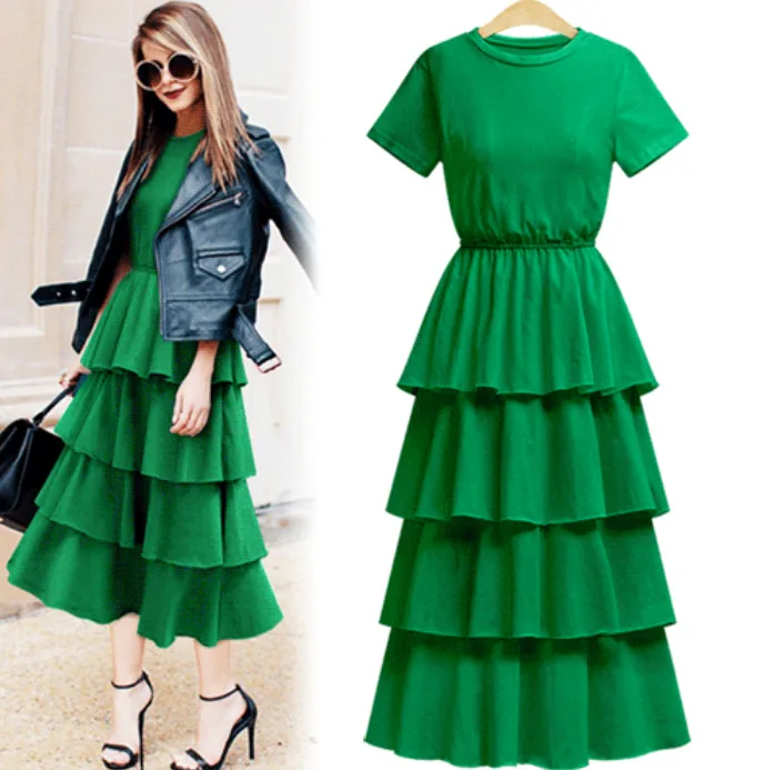 

Europe and America Hollywood Fashion Model Same Style Fashion Cake Layer By Layer Short-sleeved Long-sleeved Dress Women 2019