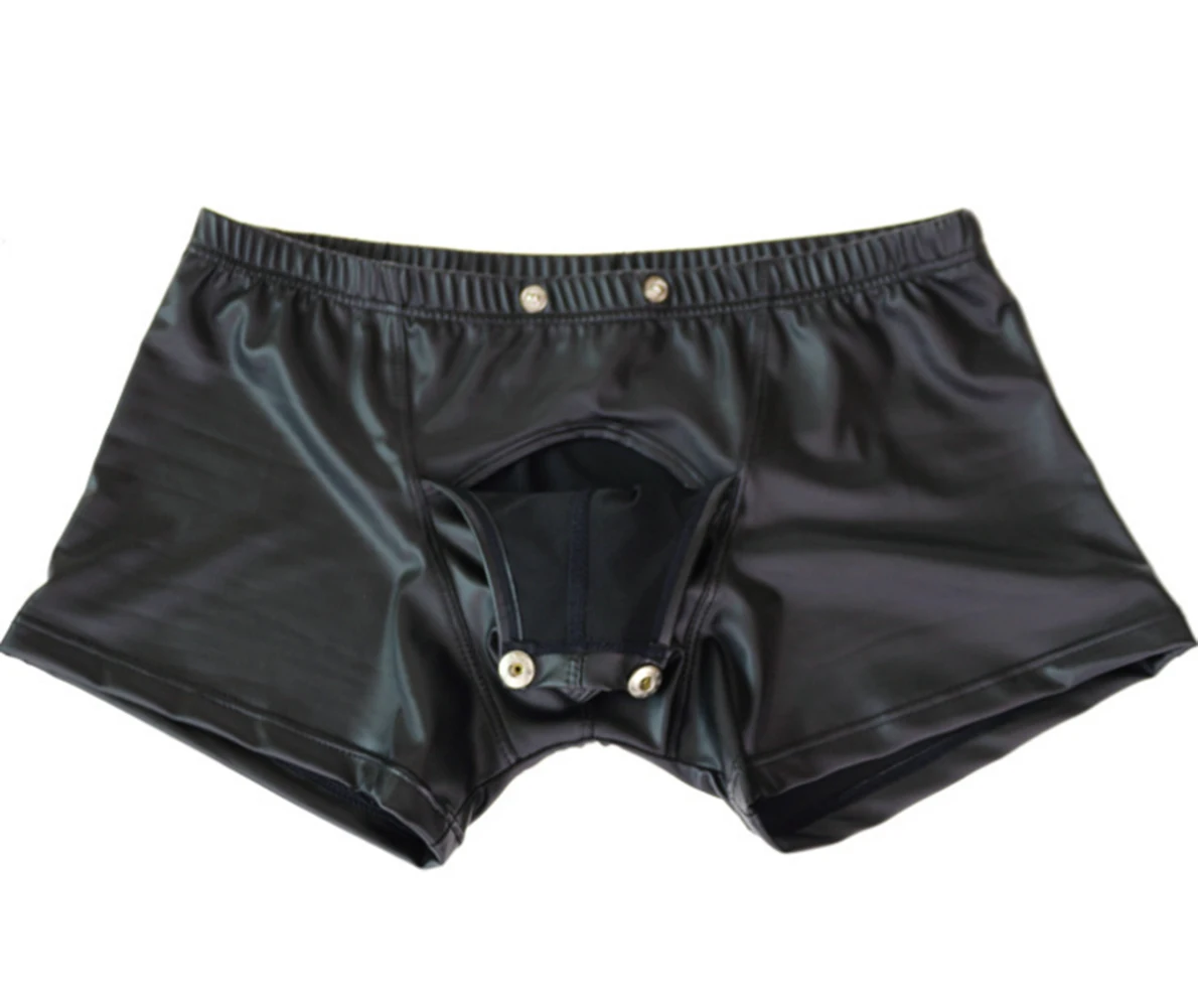 Fashion Sexy Men Lingerie Faux Leather Shorts Underpants Underwear Press Button with Bulge Pouch Nightwear Panties