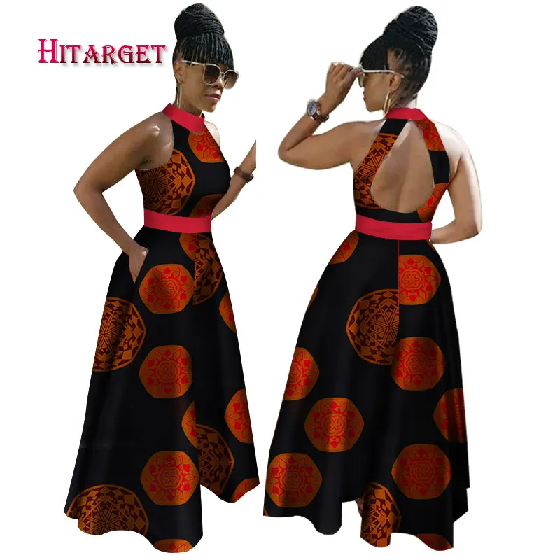 

2018 New African Wax Print Dresses for Women Bazin Riche Sleeveless Cotton Party Dress Dashiki Sexy African Clothing WY2908