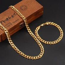 Clássicos na moda real 24 k amarelo acabamento de ouro sólido masculino mulher colar pulseira conjuntos de jóias curb chain abrasão