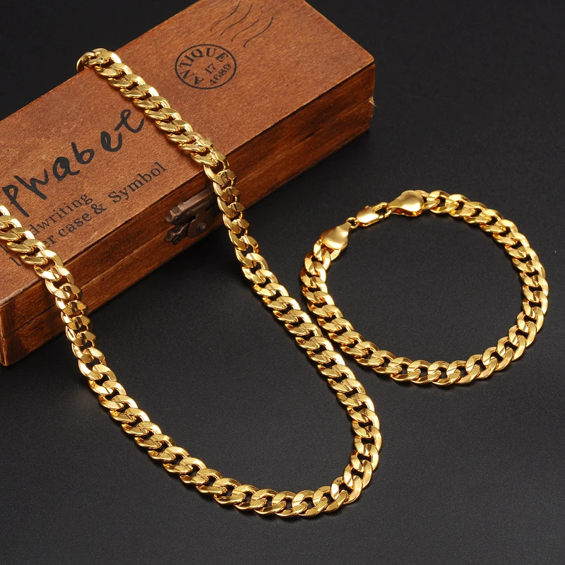 

Classics Fashionable Real 24 K Yellow Solid Gold Finish Mens Woman Necklace Bracelet Jewelry Sets Solid Curb Chain Abrasion