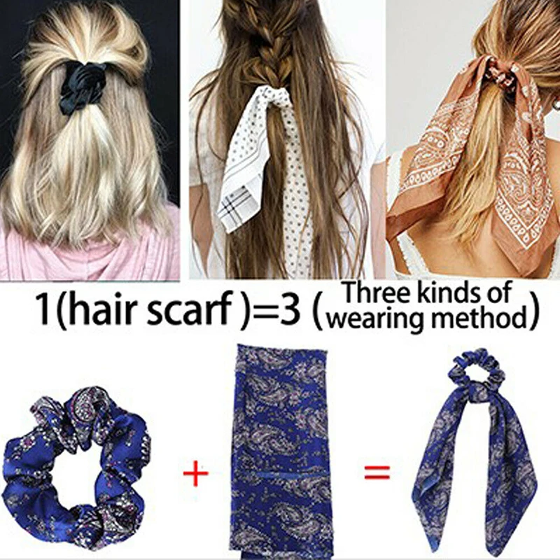 Sale Ribbon Vintage Women Satin Hair Scarf Bowknot Streamers Scrunchies Ponytail Holder Headband Elastic Hair Ties for Girls