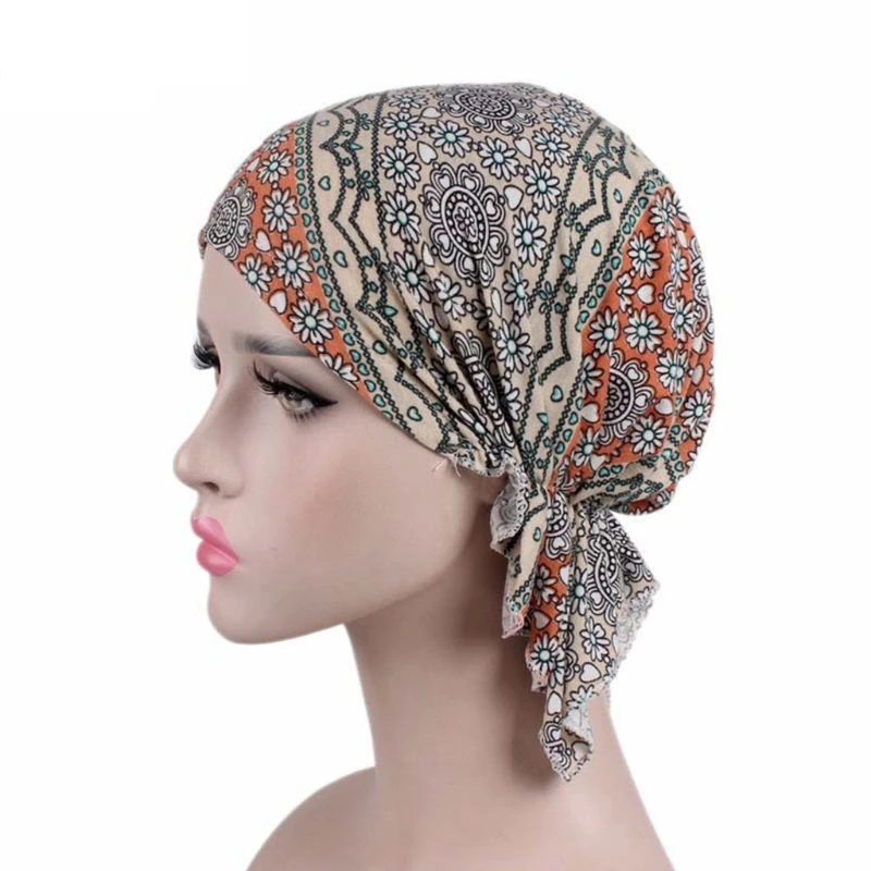 Женская химиотерапия шляпа тюрбан головные уборы женские новые модные предварительно завязанные цветочные печатные головные уборы бини головной платок