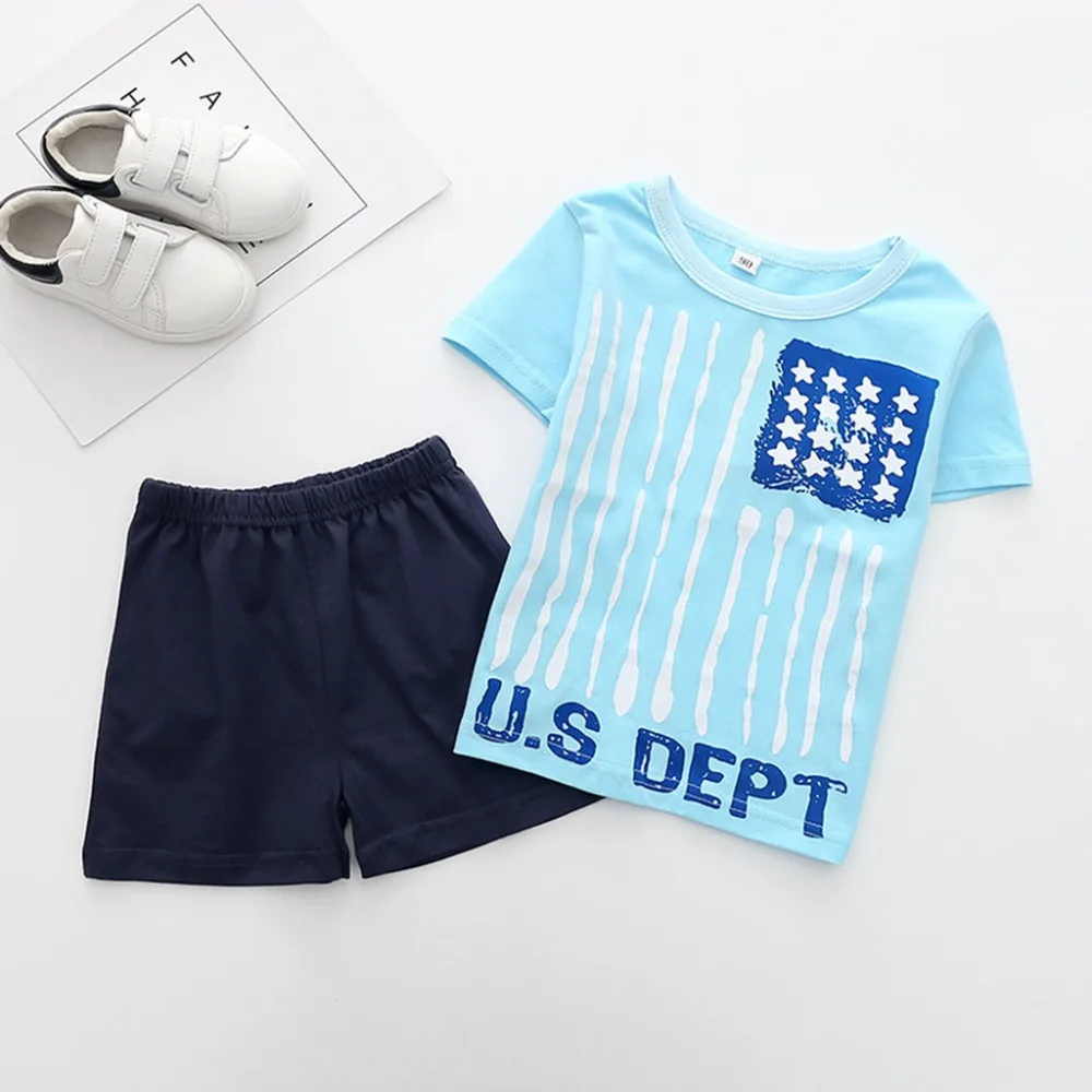 

July Fourth Short Sleeve Tops Shorts Sets Flag Print Baby Boy Clothes Sets Cotton Baby Boy Outfits Summer 2019 Dropshipping 2h