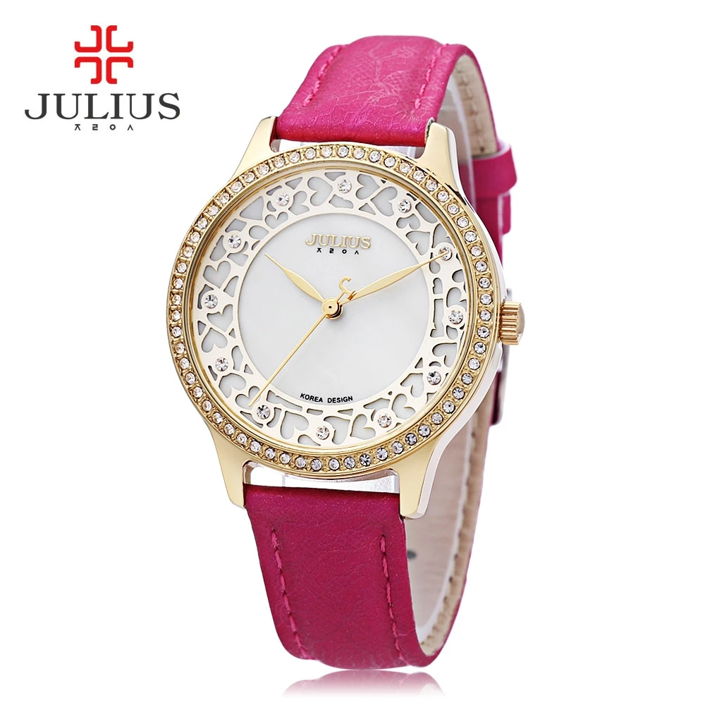 

Julius Women Quartz Watch Artificial Diamond Bezel Hollow Heart Pattern Dial 3ATM Wristwatch
