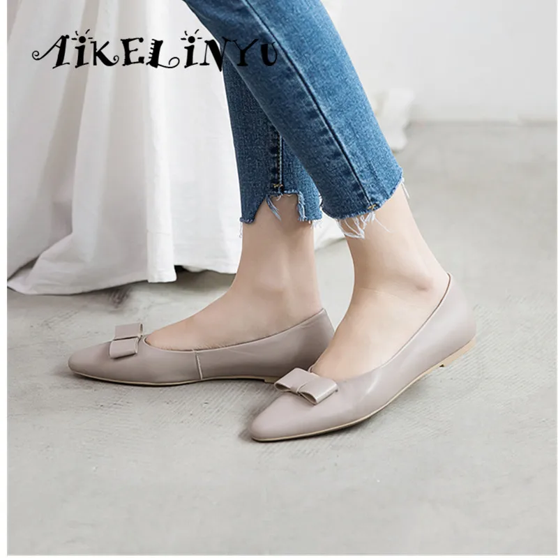 

AIKELINYU 2019 Comfortable Genuine Leather Flat shoes Fashion Butterfly Festival Toe Slip-On Casual Shoes Soft Office Lady Shoes