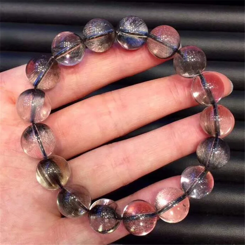 

Genuine Natural Brookite Platinum Silver Rutilated Quartz Bracelet 12.5mm Crystal Gemstone Round Bead Woman Man Lucky Gift AAAAA