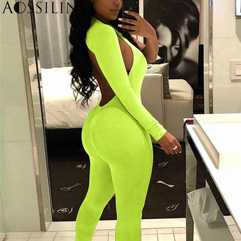 AOSSILIND Fluorescent Green One Shoulder Sexy Bodycon Jumpsuit Women Autumn Long Sleeve Backless Skinny Party Club Overalls