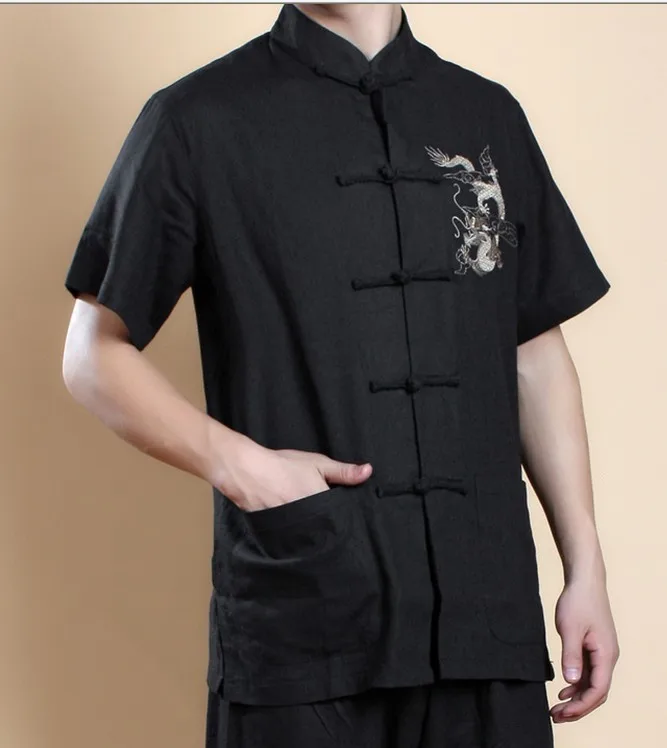 

Black Chinese Men's Wing Chun Kung Fu Shirt Top Short-Sleeve Tang Suit Vintage Embroidery Garment Size S M L XL XXL XXXL MS022