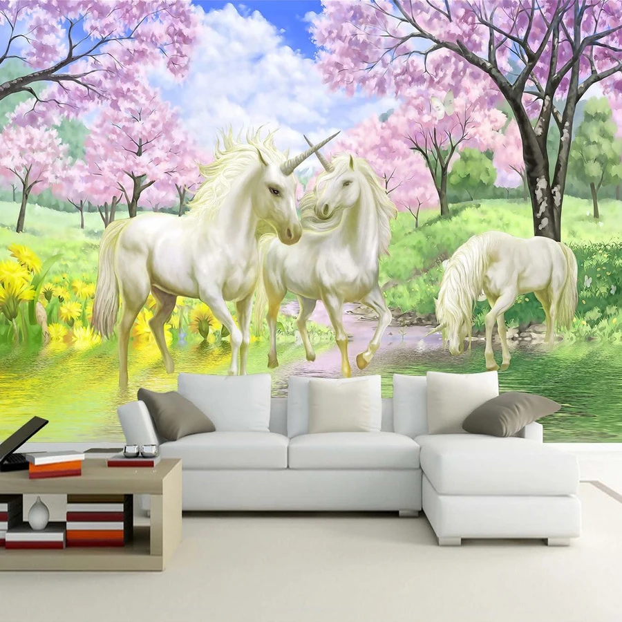 Custom 3D Mural Wallpaper Unicorn Dream Cherry Blossom TV