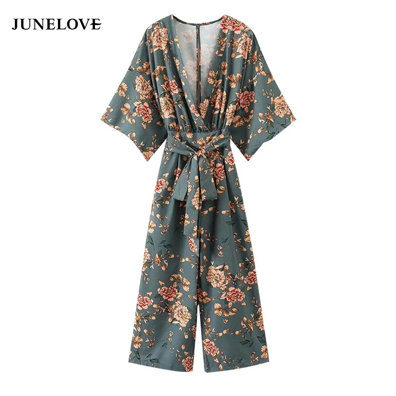 Женский винтажный комбинезон JuneLove кимоно с цветочным принтом свободные широкие