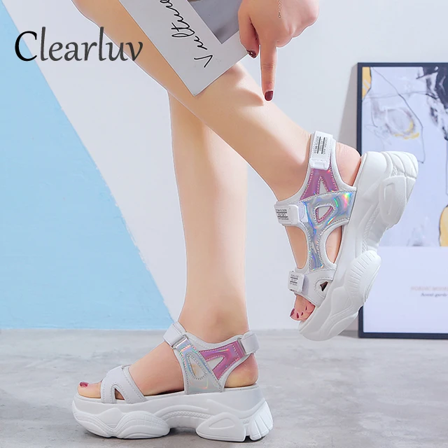

Brand new thick bottom muffin bottom sandals beach comfortable wild casual sports magic sandals black white C1313