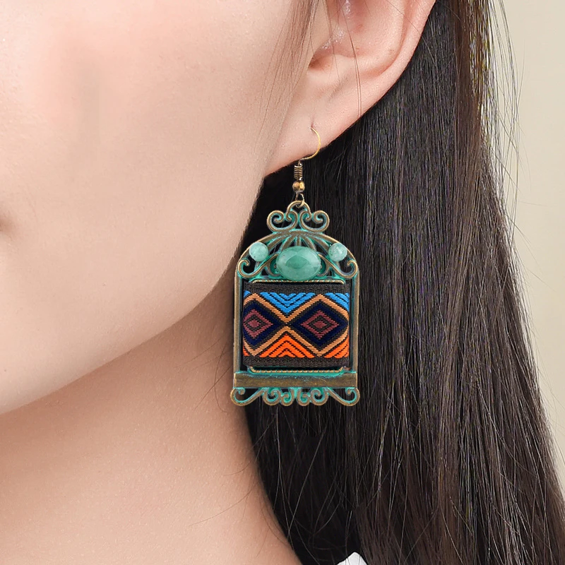 

NEW MYWINY OWN DESIGN geometric pattern vintage windows shape ethnic earrings,square exotic fabric earrings women