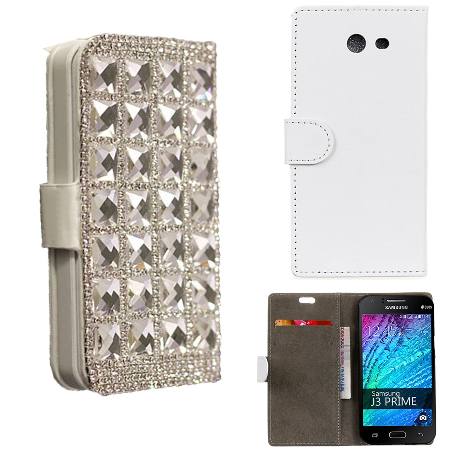 3D Bling Box горный хрусталь цепи кожа флип Бумажник телефон чехол для Samsung Galaxy J3