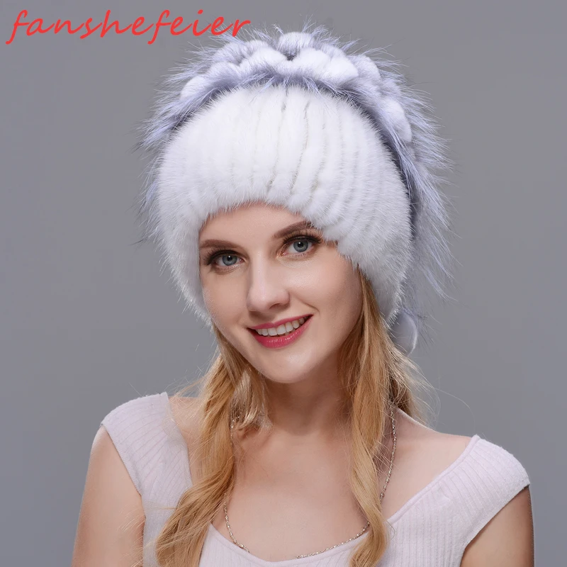 FANSHEFEIER Женская Зимняя Шапка-бини, настоящий мех кролика, женская вязаная шапка, утолщенная Женская Роскошная шапка с лисой - Цвет: colour02