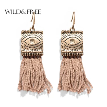 

Ethnic Bohemian Cotton Tassel Earring Jewelry For Women Vintage Alloy Gold Pattern Geometric Statement Dangle Earrings