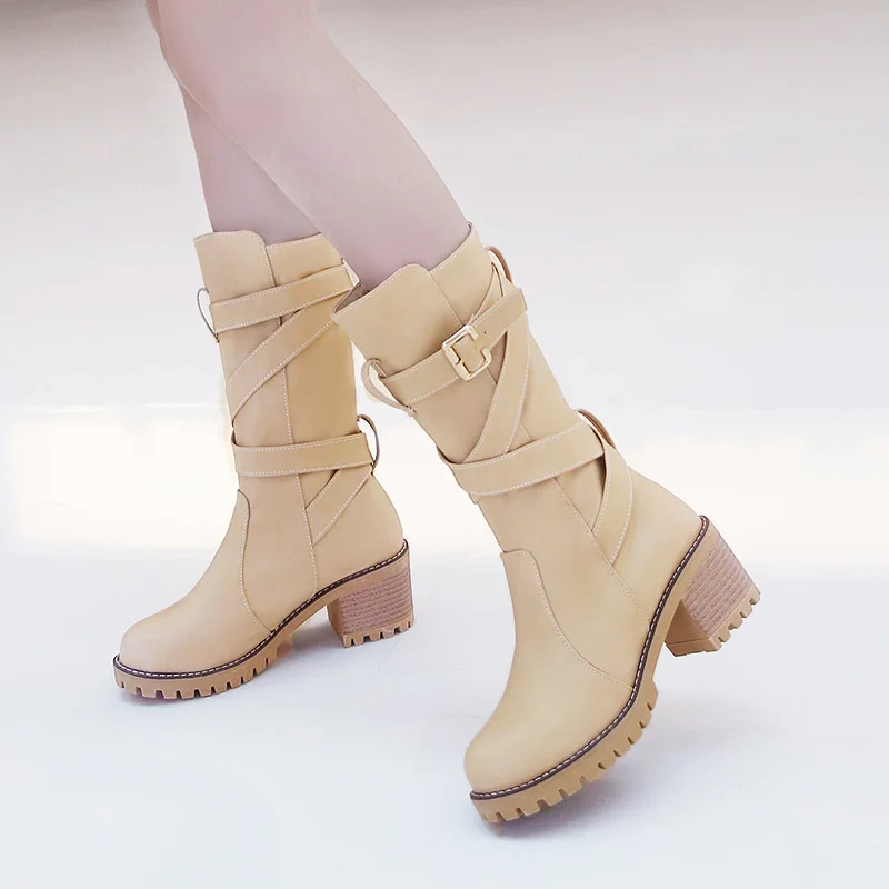 

Fashion Mid-Calf PU Basic Boots Women Round Toe Buckle Solid Martin Boots High Square Heel Casual Winter Shoes Plus Size