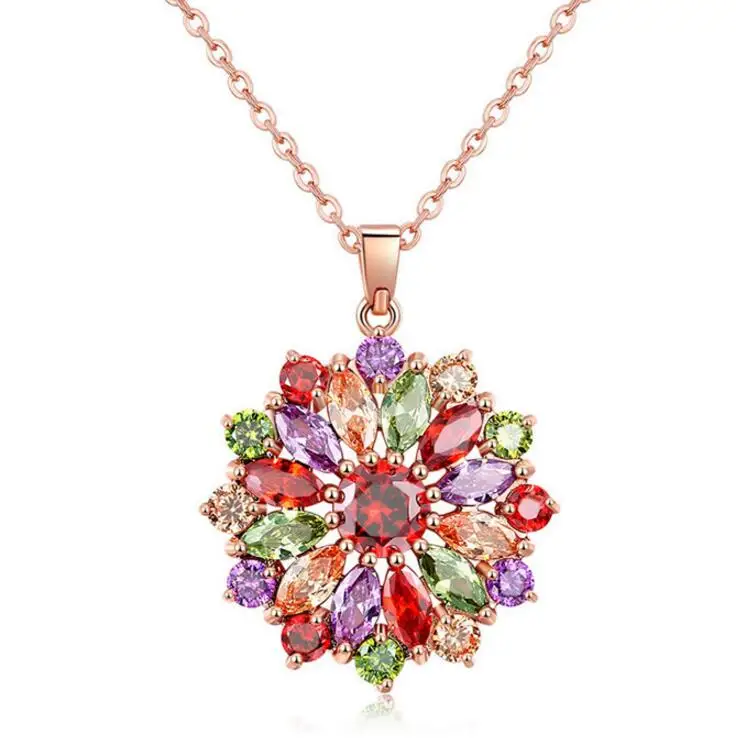 Luckyshine Special Unique Sunflower Rainbow Crystal Cubic Zirconia Rose Gold Necklaces Russia