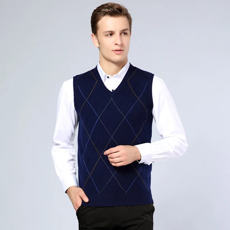 GREVOL New Arrival Plaid Sweater Vest Men Cashmere Argyle Sweaters Wool Pullover Vest Men Brand 