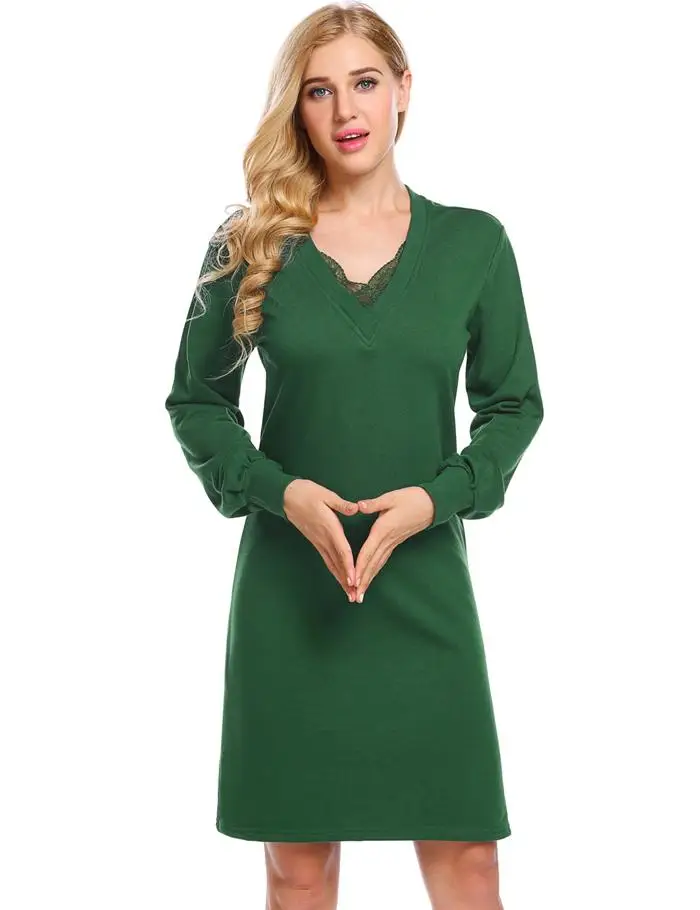 Ekouaer женская ночная рубашка с длинным рукавом, платье для сна с v-образным вырезом и кружевной отделкой, толстая свободная ночная рубашка, женские ночные рубашки, платье