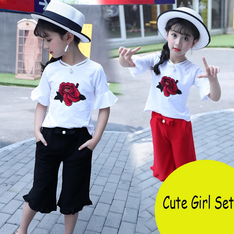 

SexeMara Summer Children Girls Flower Printed Clothing Sets Child Flare Sleeve Shirt Tops+ Shorts Set Girl Clothes Kids Suit