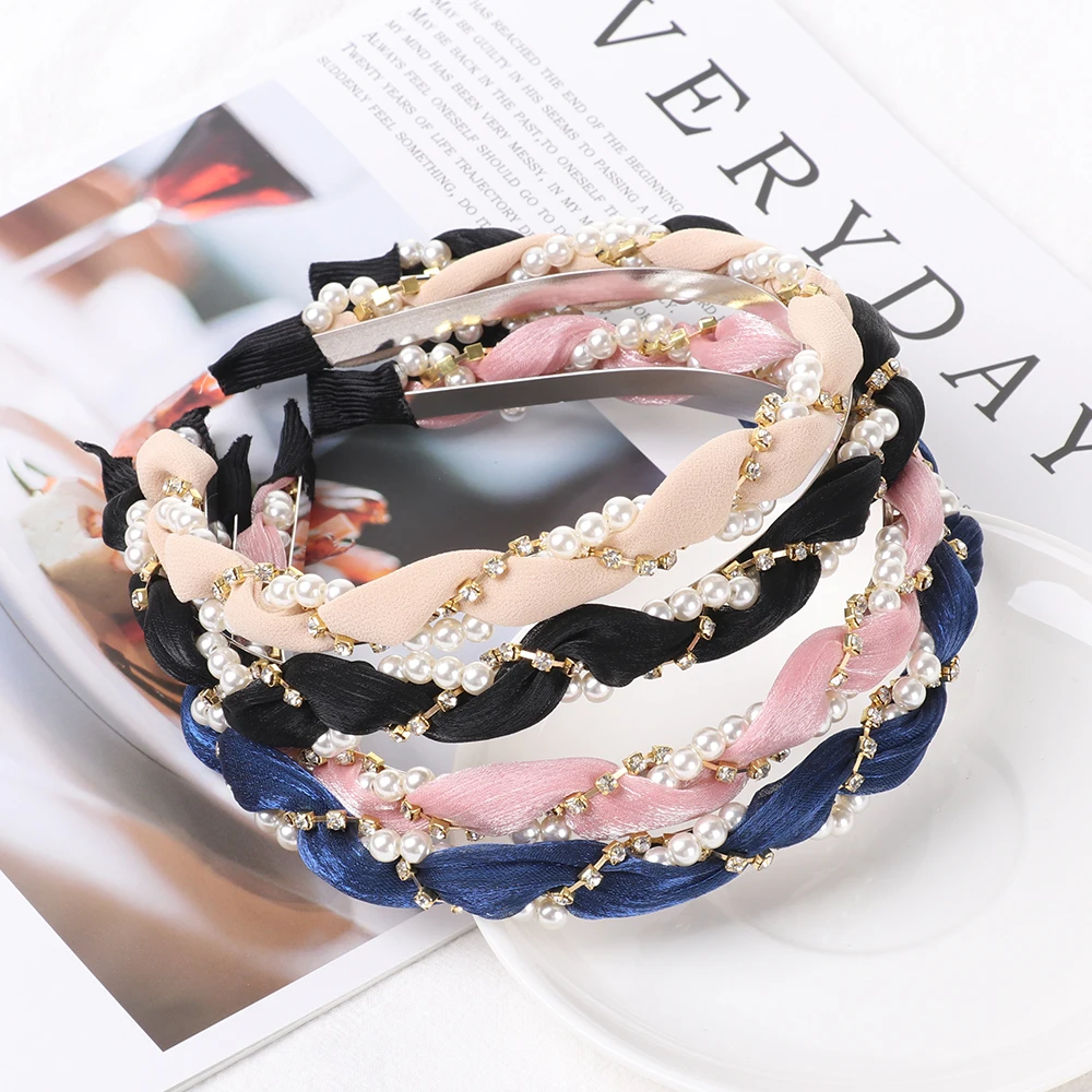 

2019 New Fashion Luxurious Pearls Rhinestone Hair Hoop Headband Hairband for Women Girls Gauze Hair Band Hair Accessories Gifts