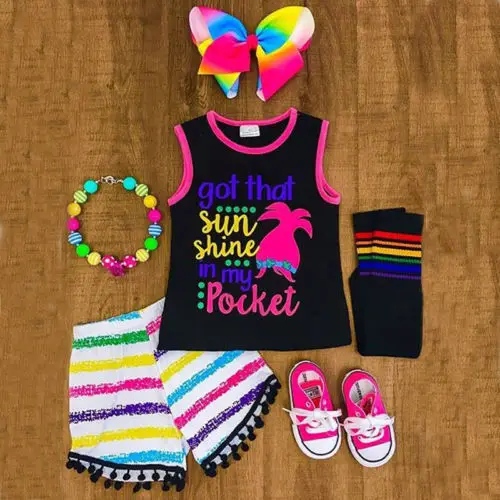 

2018 New Kids Troll 2PCS Summer Baby Girl Sleeveless Tank Top T Shirt+Rainbow Tassel Shorts Clothes Children Casual Outfit Set