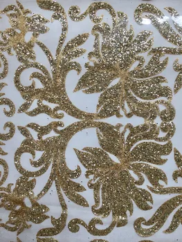 

Hot selling Cyndi-1010421 glued glitter sequins lace fabric African French net tulle Lace Fabric for party