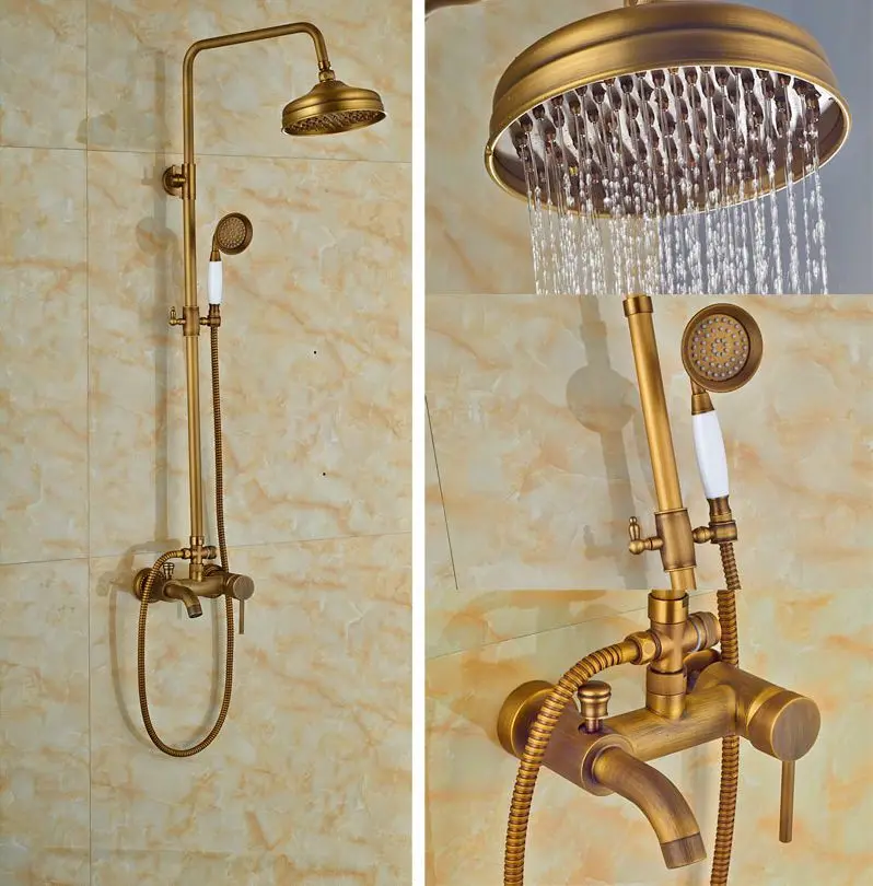 Luxury Antique Brass Shower Set Wall Mounted Single Lever With Ceramic