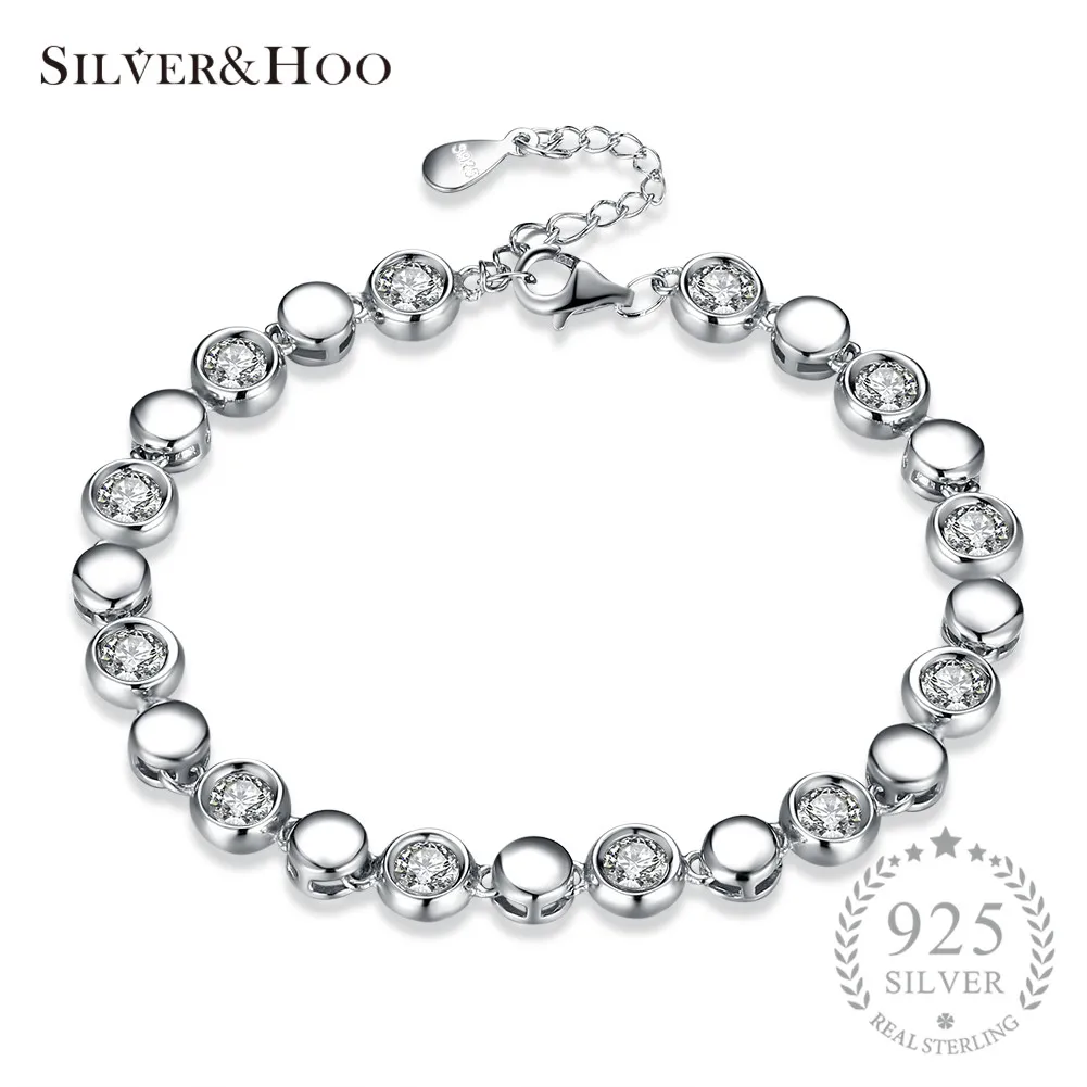 

SILVERHOO 925 Sterling Silver Bracelets Elegant Simple Design Round Cut Cubic Zircon Bracelet Charming Bangle for Women Wedding