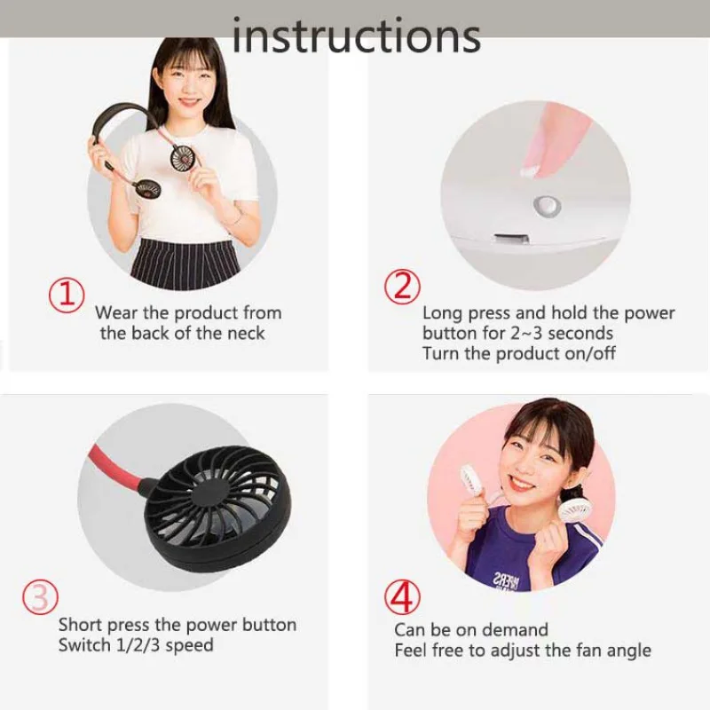 USB Rechargeable Wearable Hand Free Neckband Fan Personal Neck Double Fans 3 Speed Adjustable