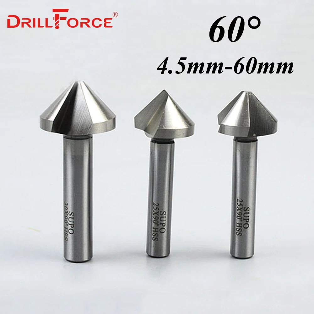 

4.5-60mm HSS 3 Flute 60 Degree Chamfer Countersink Drill Bits(4.5/5/6.3/8.3/10.4/12.4/14/16.5/18/20.5/23/25/30/35/40/45/50/60mm)