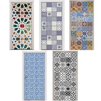 

Door Stickers Kaleidoscope Mediterranean Style Color Black and White Tiles Mosaic Bedroom Wooden Door Home Decoration Paste